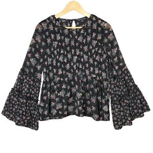 American Eagle Women Smocked Babydoll Bell Sleeve Top Sz Small Black Floral Goth